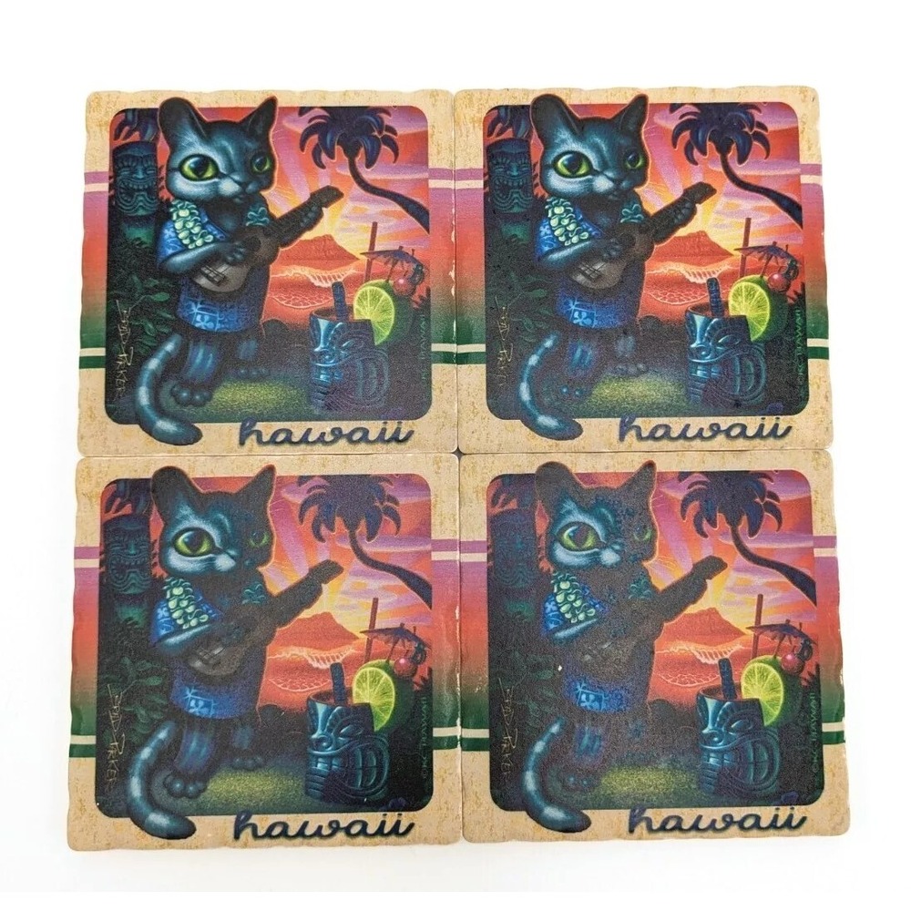 Cat Playing Ukulele Ceramic Coasters Set Aloha Hula Hawaii Tiki Bar Summer Party - Picture 2 of 8